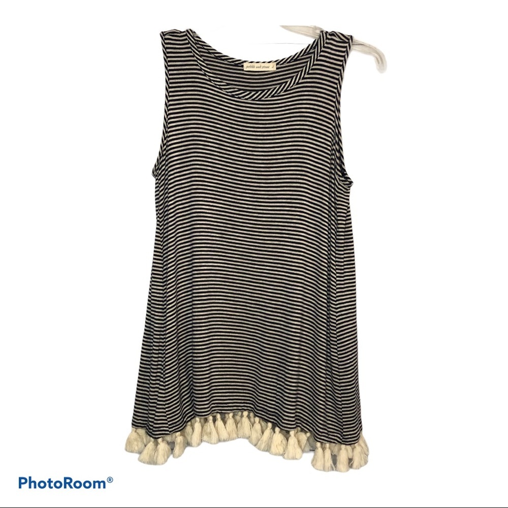 Anthropologie Pebble & Stone Striped Pom Pom Trim Boho Tank Sz S